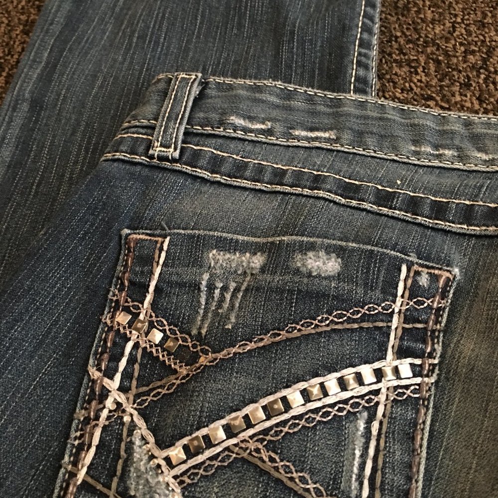 BKE Women's Boot Cut Jeans in Dark Indigo with Silver Embroidery